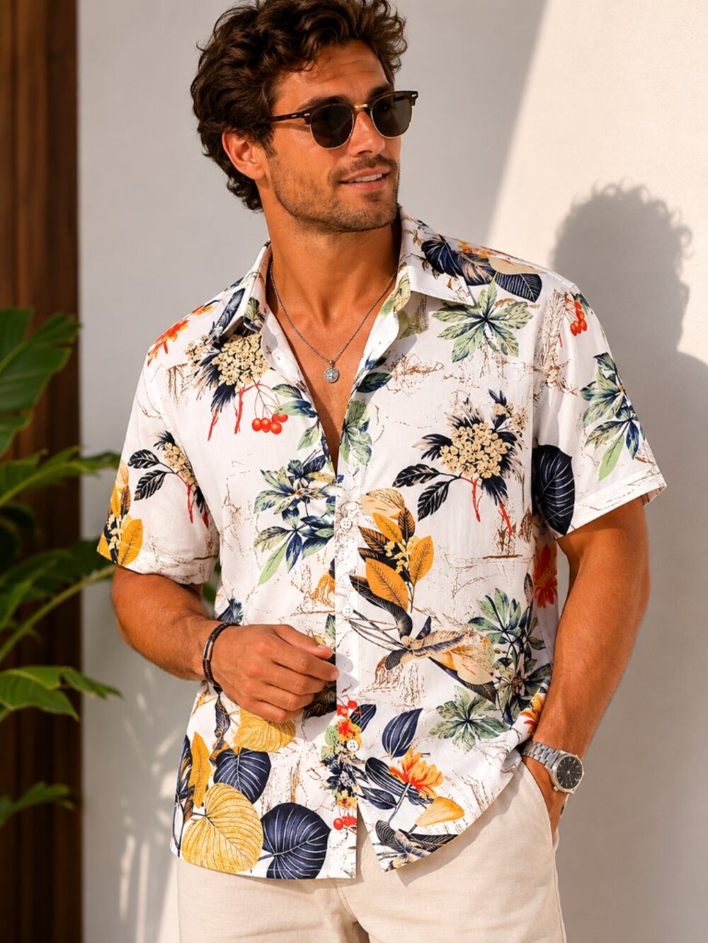 Men’s Euow Tropical Floral Button Up Shirt White Hawaiian Casual Top